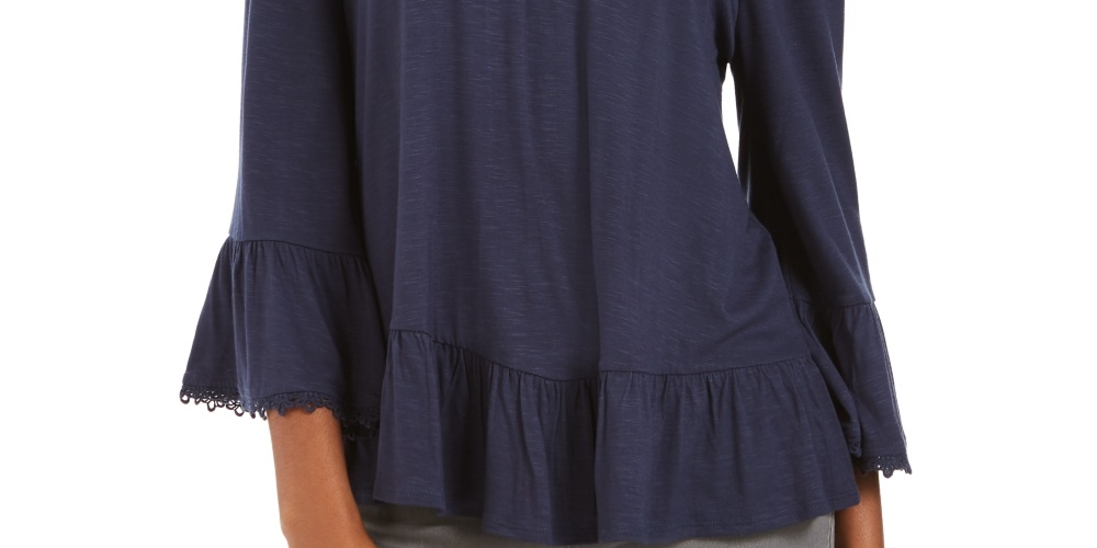 Style & Co Women's Off-The-Shoulder Bell-Sleeve Top Blue Size X-Small