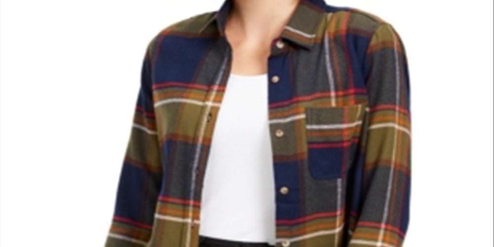 Polly & Esther Junior's Plaid Utility Shirt Navy  Multi  Size Large