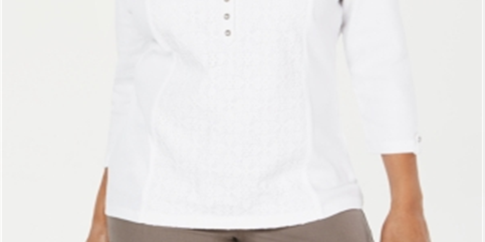 Karen Scott Women's Eyelet Front Cotton Henley Top White Size Petite Large