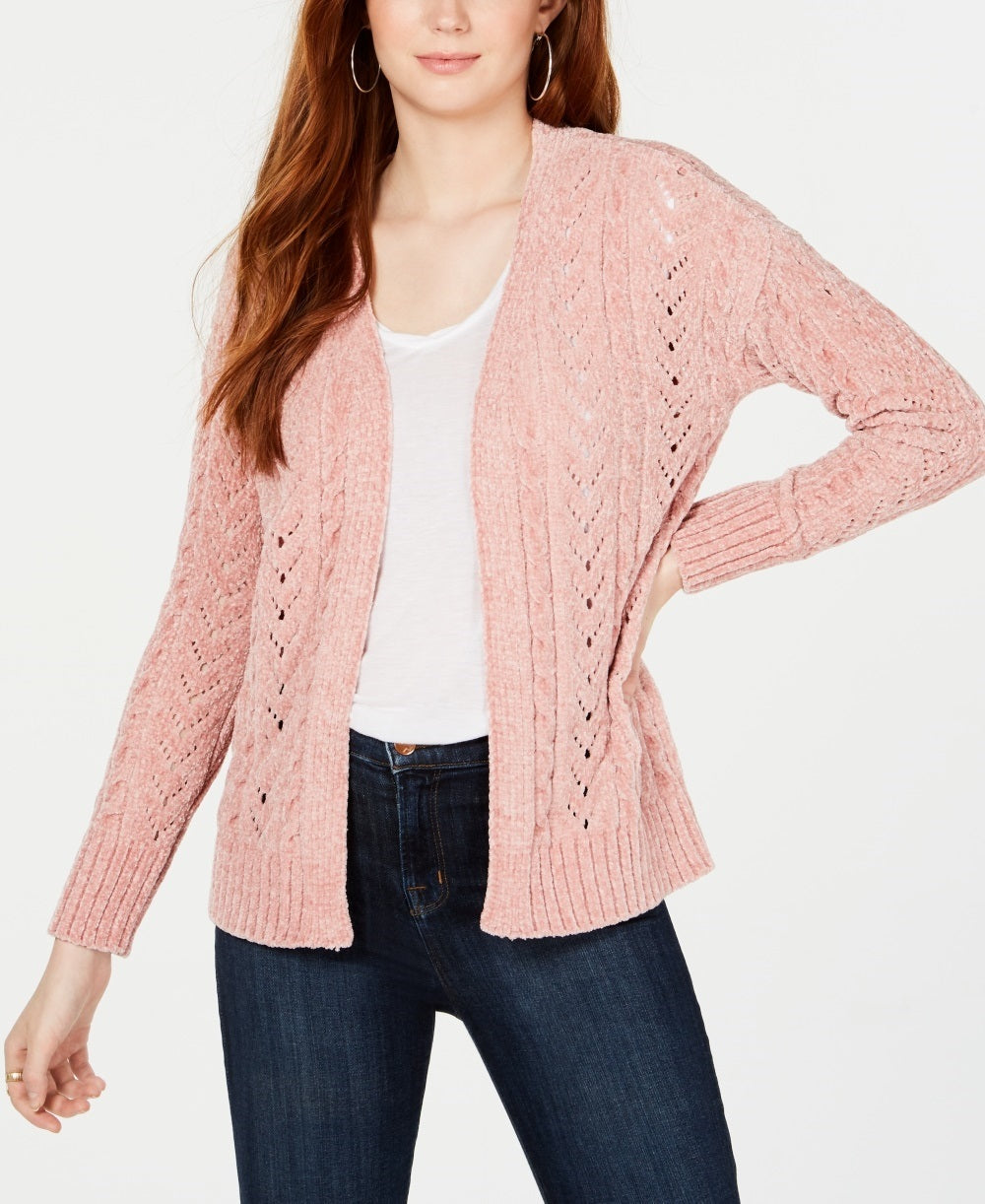Hippie Rose Juniors' Pointelle-Knit Chenille Cardigan Pink Size Large