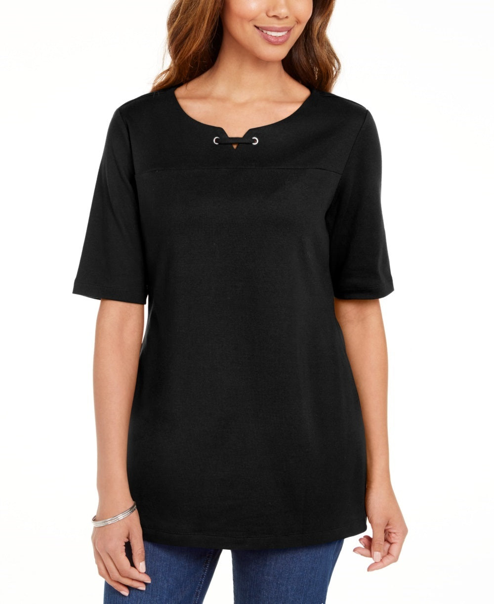 Karen Scott Women's Cotton Split-Neck Elbow-Sleeve Top Black Size X-Small
