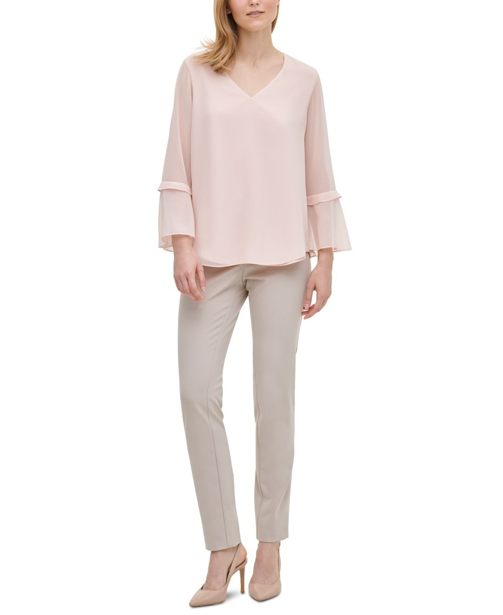 Calvin Klein Women's Sheer Bell-Sleeve Blouse Pink Size X-Large
