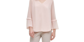 Calvin Klein Women's Sheer Bell-Sleeve Blouse Pink Size X-Large