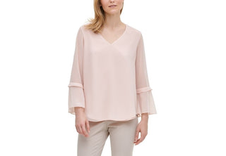 Calvin Klein Women's Sheer Bell-Sleeve Blouse Pink Size X-Large