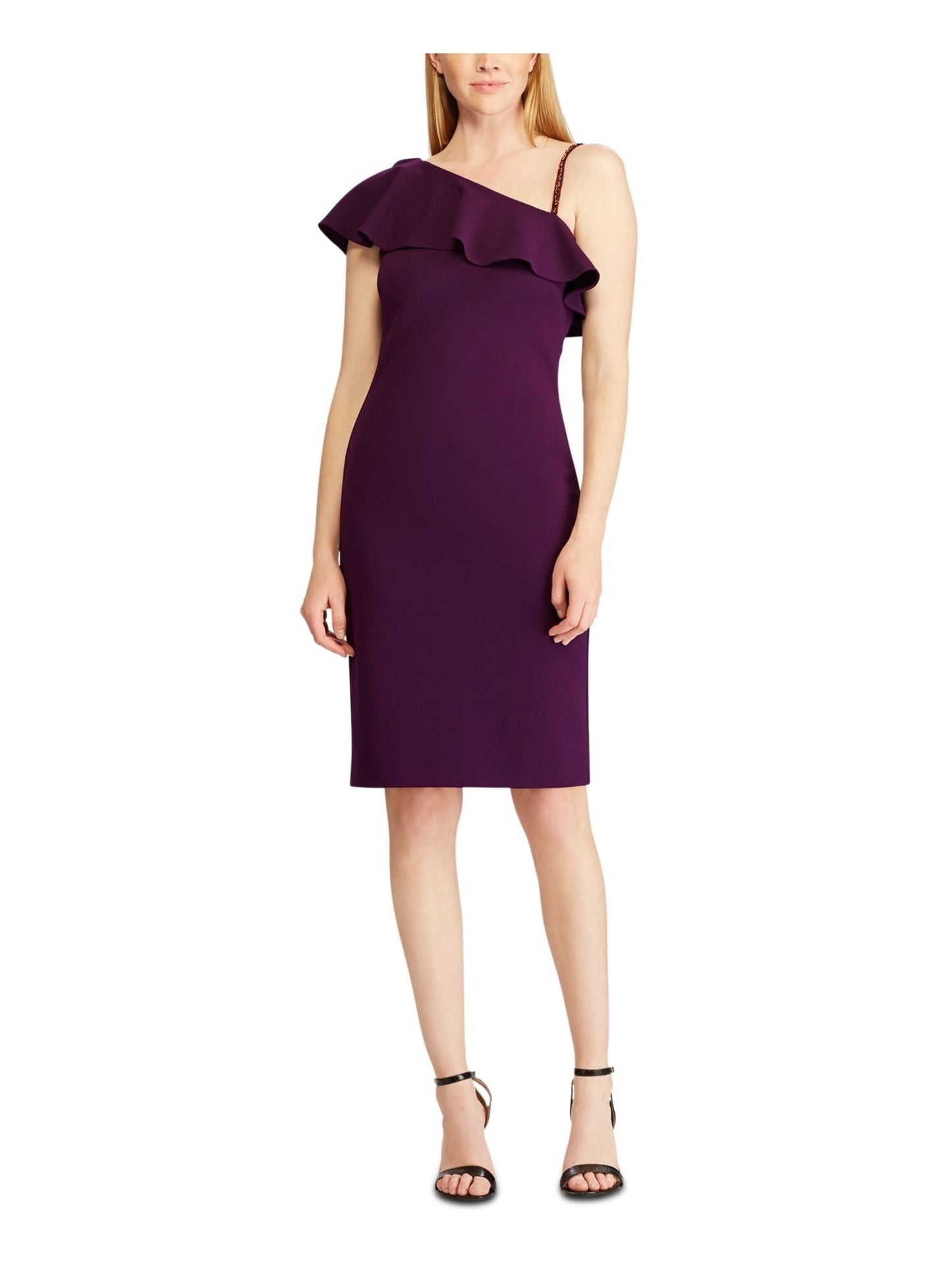 Ralph Lauren Women's Embellished Short Sleeve Asymmetrical Neckline Short Sheath Cocktail Dress Purple Size 10