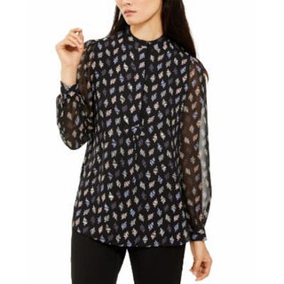 Anne Klein Women's Printed Long Sleeve Mandarin Collar Blouse Charcoal Size Small
