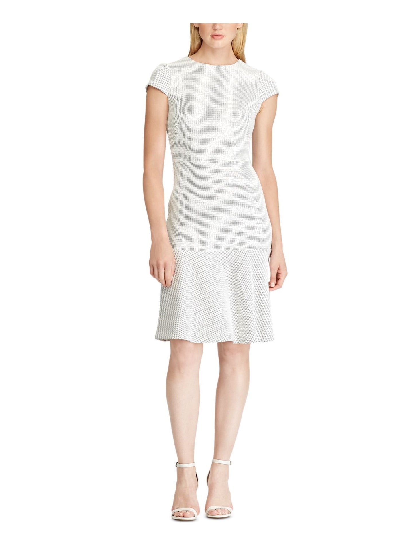 Ralph Lauren Women's White Zippered Polka Dot Cap Sleeve Jewel Neck Knee Length Fit + Flare Dress Blue and white Size 10