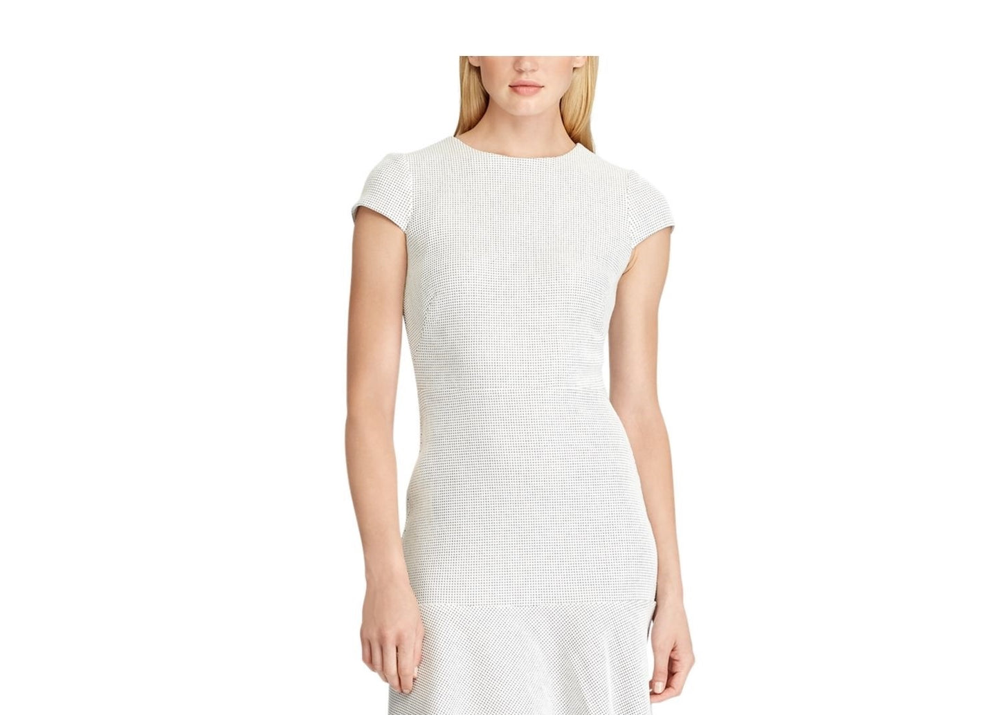 Ralph Lauren Women's White Zippered Polka Dot Cap Sleeve Jewel Neck Knee Length Fit + Flare Dress Blue and white Size 10