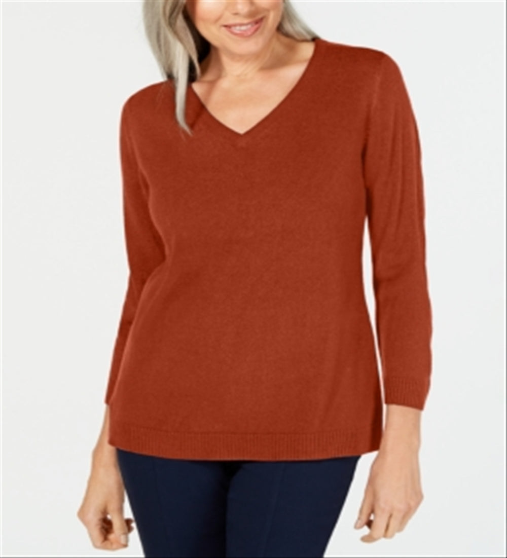 Karen Scott Women's V Neck Sweater Brown Size Petite Small