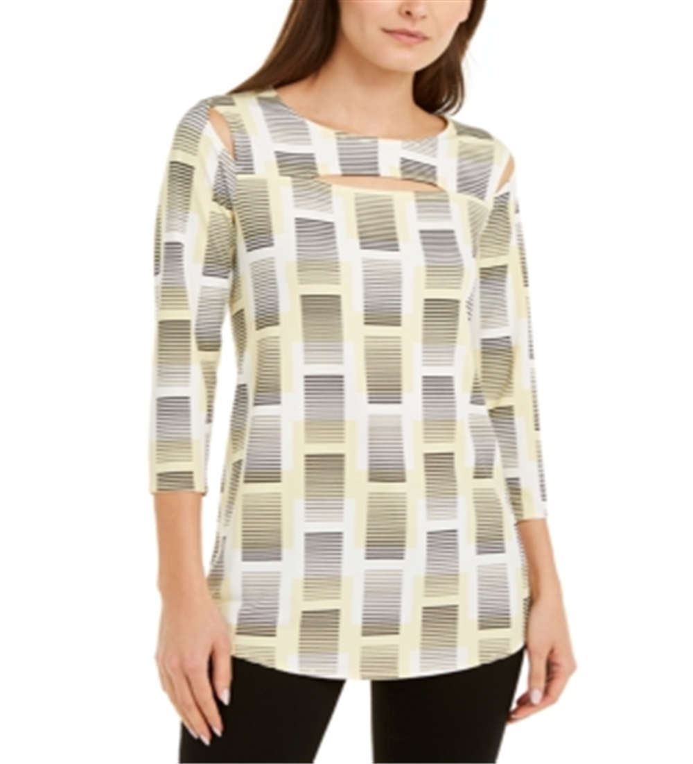 Alfani Women's Printed Cutout Top White/Lemon Size Small