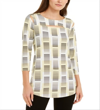 Alfani Women's Printed Cutout Top White/Lemon Size Small