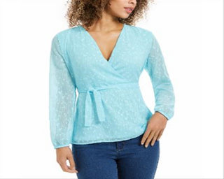 Charter Club Women's Clip Dot Wrap Top Blue Size Large