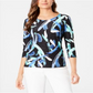 JM Collection Women's 3/4 Sleeve Printed Jacquard Top Black Multi Size Petite L