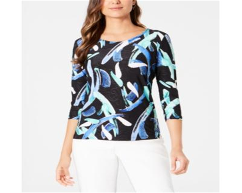JM Collection Women's 3/4 Sleeve Printed Jacquard Top Black Multi Size Petite L