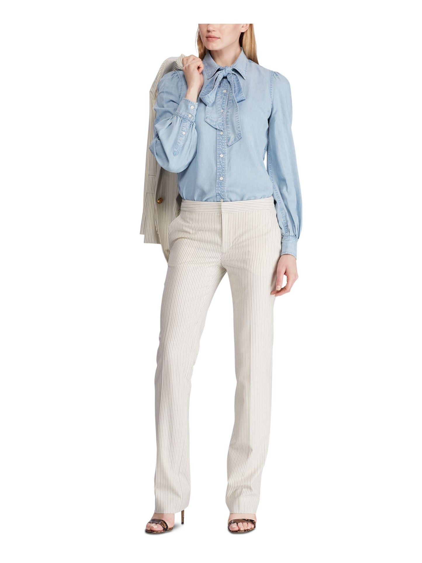 Ralph Lauren Women's Tie Neck Chambray Shirt Blue Size X-Large