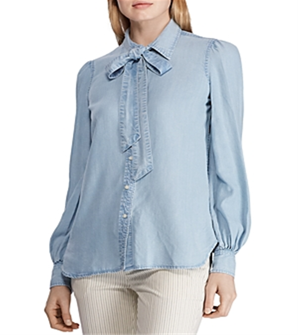 Ralph Lauren Women's Tie Neck Chambray Shirt Blue Size X-Large