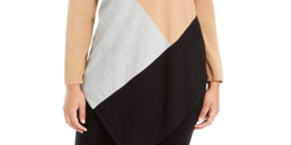 Alfani Women's Color Block Long Sleeve Jewel Neck Hi Lo Sweater Brown Size Petite Large