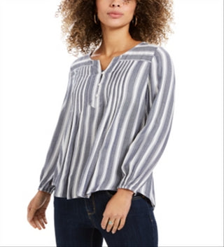 Style & Co Women's Striped Pintucked Top Blue Size X-Small