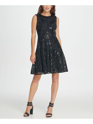 DKNY Women's Sleeveless Jewel Neck Short Fit Flare Party Dress Black Size 2