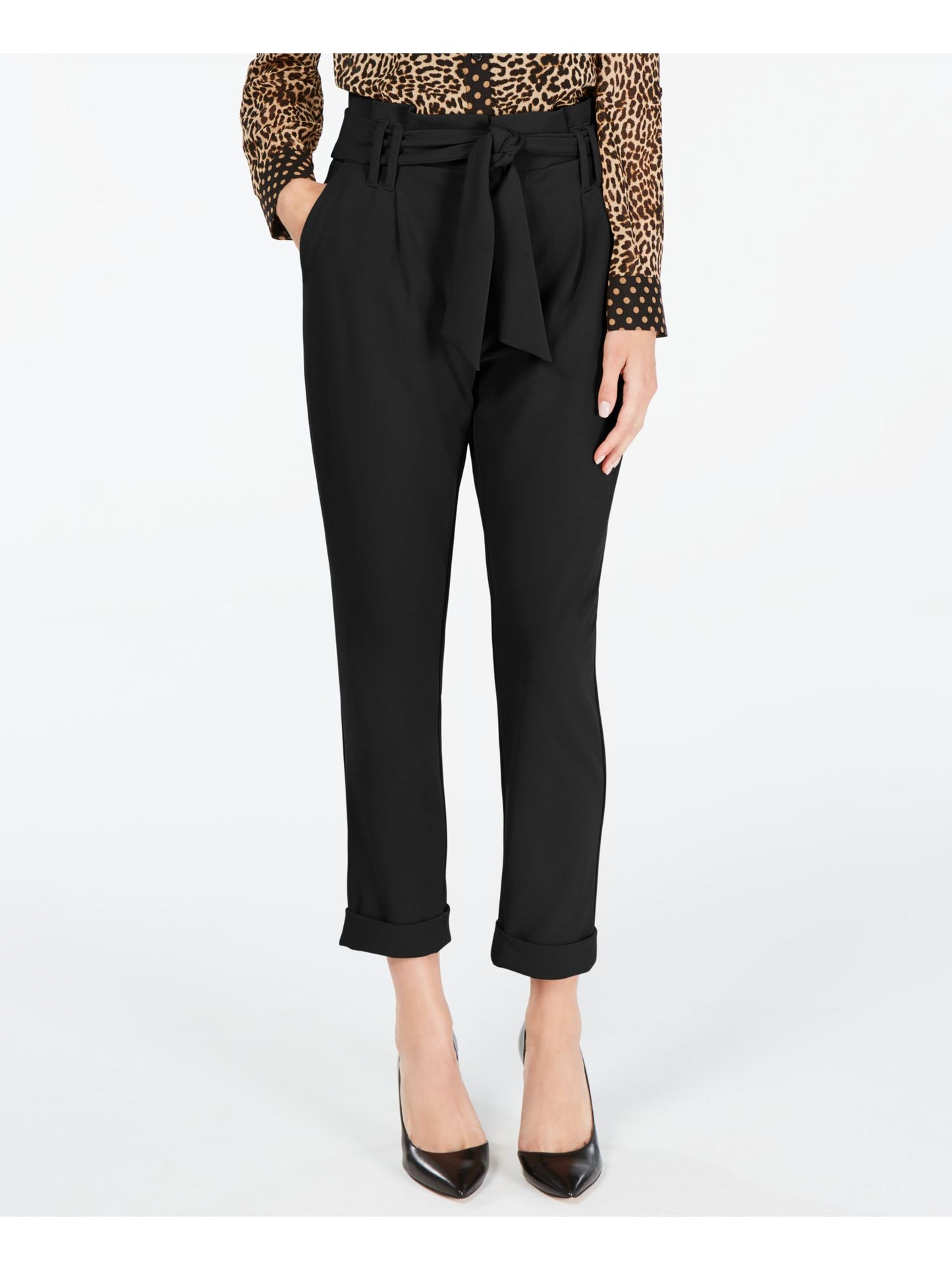 INC International Concepts Women's Belted Zippered Cropped Evening Pants Black Size 4