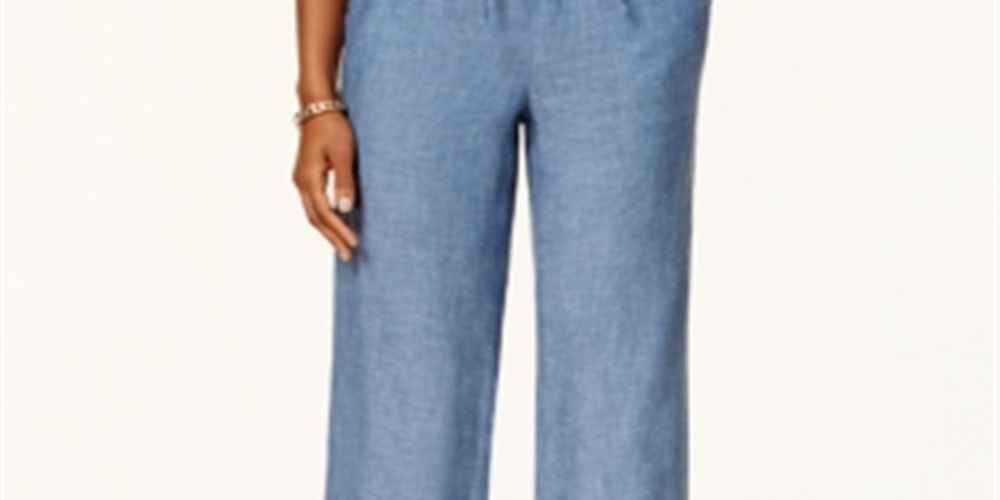 Charter Club Women's Linen Drawstring Pants Blue Size Petite Large