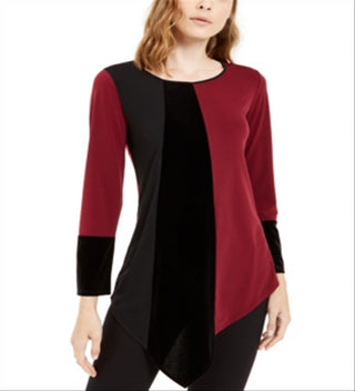 Alfani Women's Asymmetrical Hem Colorblocked Top Maroon-Black Size Petite Large