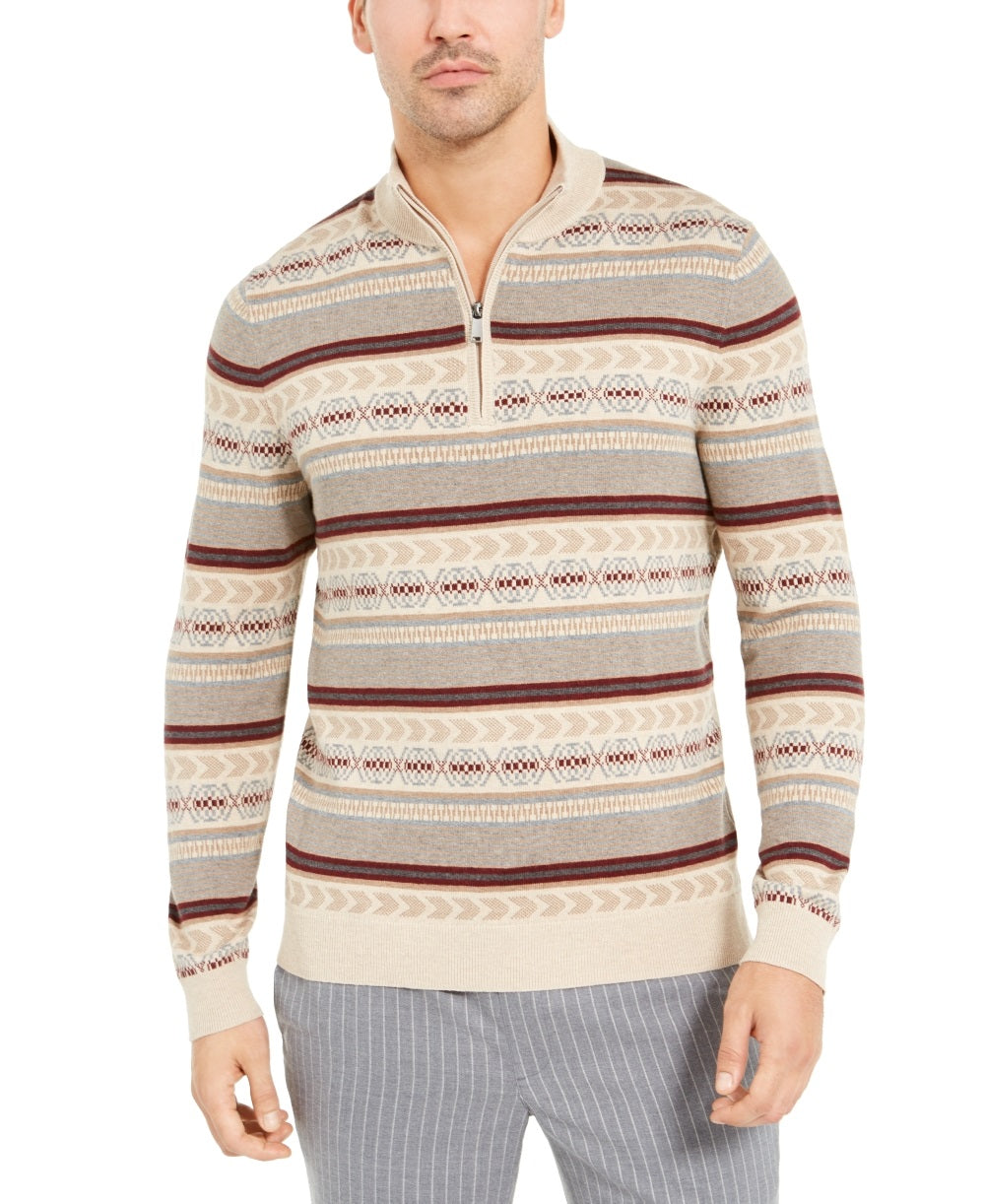 Tasso Elba Men's Striped Quarter Zip Sweater Beige Size Large