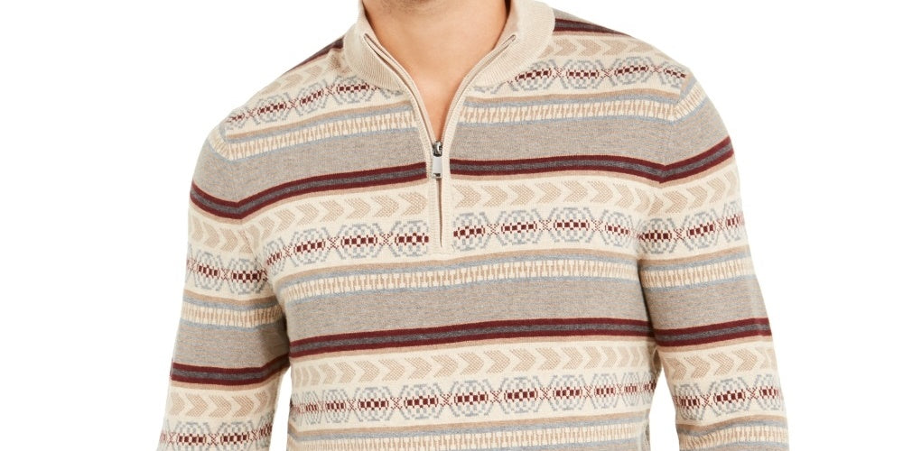 Tasso Elba Men's Striped Quarter Zip Sweater Beige Size Large