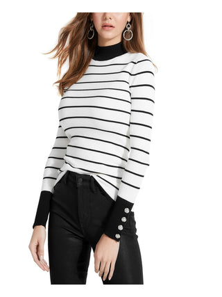 Guess Women's Rebekah Striped Button Mock Turtleneck Sweater White Size X-Small