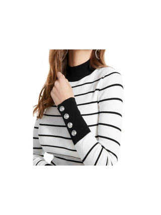 Guess Women's Rebekah Striped Button Mock Turtleneck Sweater White Size X-Small