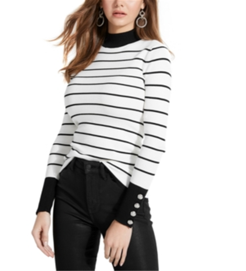 Guess Women's Rebekah Striped Button Mock Turtleneck Sweater White Size X-Small