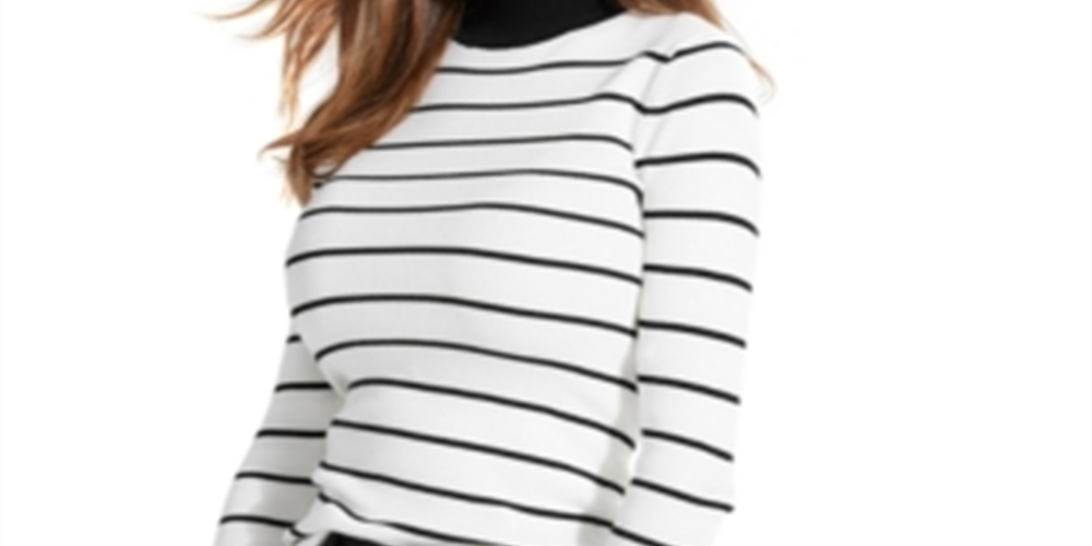 Guess Women's Rebekah Striped Button Mock Turtleneck Sweater White Size X-Small