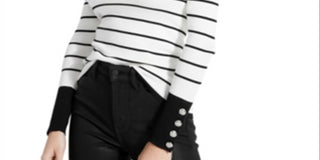 Guess Women's Rebekah Striped Button Mock Turtleneck Sweater White Size X-Small