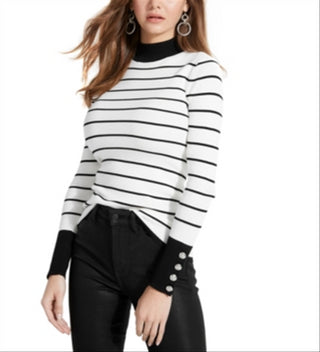 Guess Women's Rebekah Striped Button Mock Turtleneck Sweater White Size Large