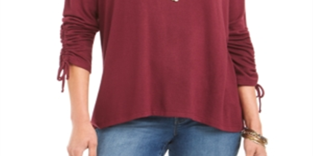 Style & Co Women's Drawstring Tie Cuff Top Wine   Size Petite L