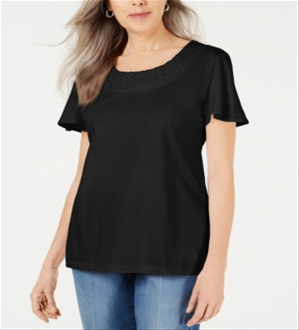 Karen Scott Women's Basketweave Trim Flutter Sleeve Top Black Size XL