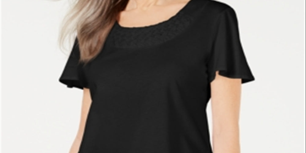 Karen Scott Women's Basketweave Trim Flutter Sleeve Top Black Size XL