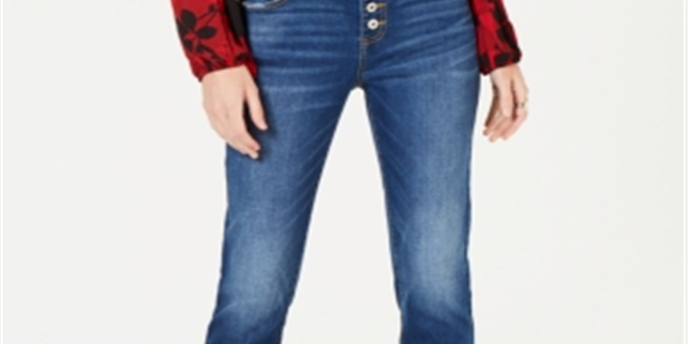 INC International Concepts Women's Fringe Hem Button Front Straight Leg Jeans Blue Size 16