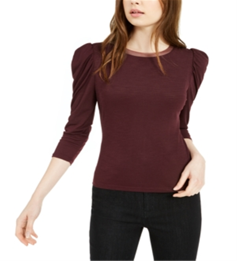 Bar III Women's Mesh Trim Puff Sleeve Top Maroon Size 2XS