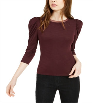 Bar III Women's Mesh Trim Puff Sleeve Top Maroon Size 2XS