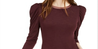 Bar III Women's Mesh Trim Puff Sleeve Top Maroon Size 2XS