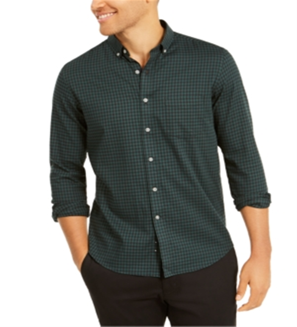 Club Room Men's Shirt Button Down Gingham Long Sleeve Green Size Small
