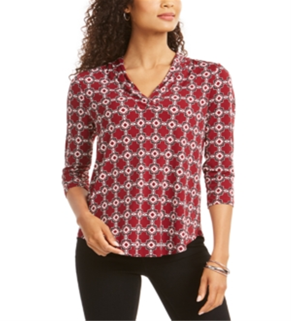 Charter Club Women's Printed Pleat Shoulder Top Red Size X-Small