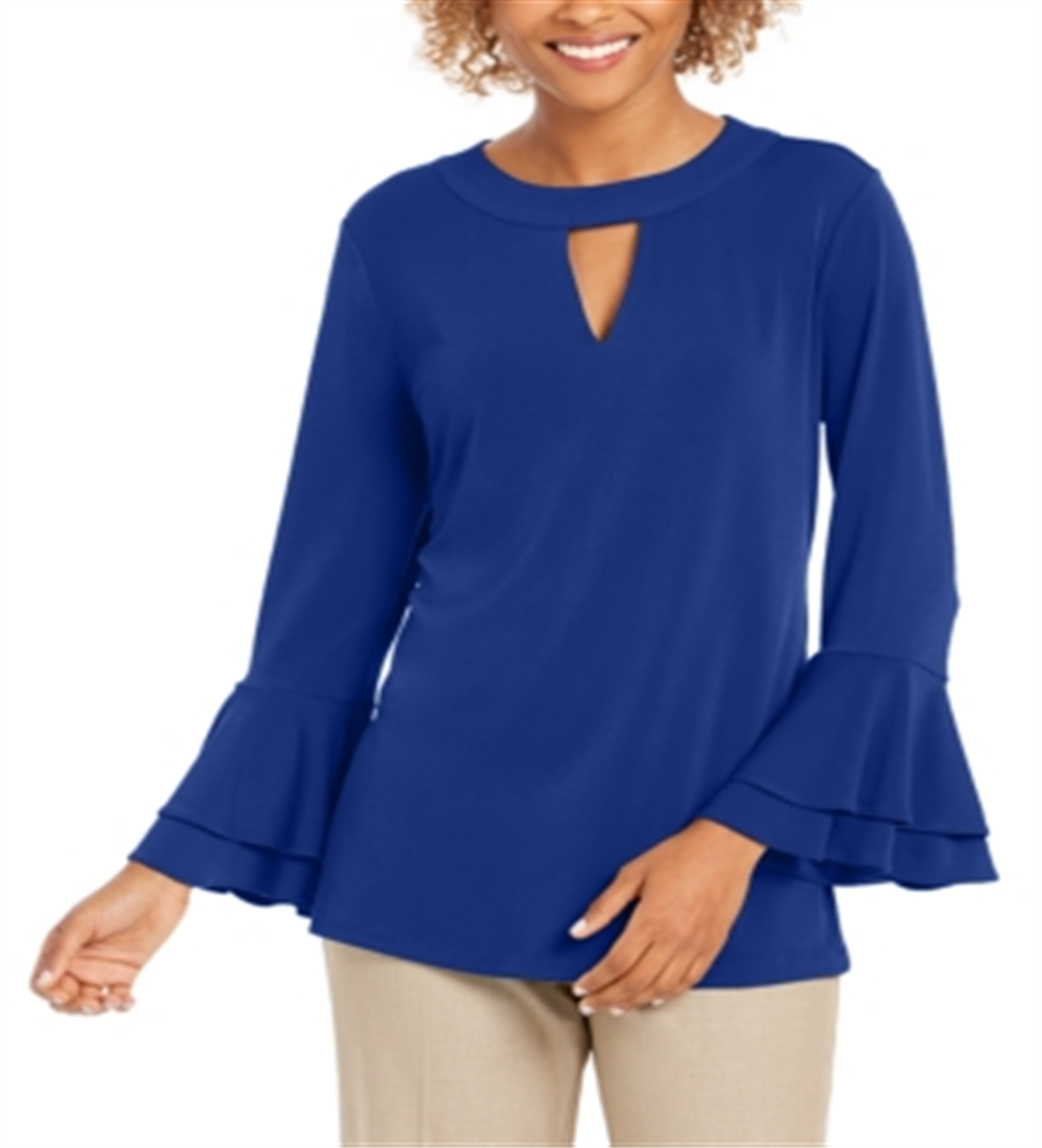 Charter Club Women's Solid Bell Sleeve Keyhole Blouse Evening Top Blue Size Medium