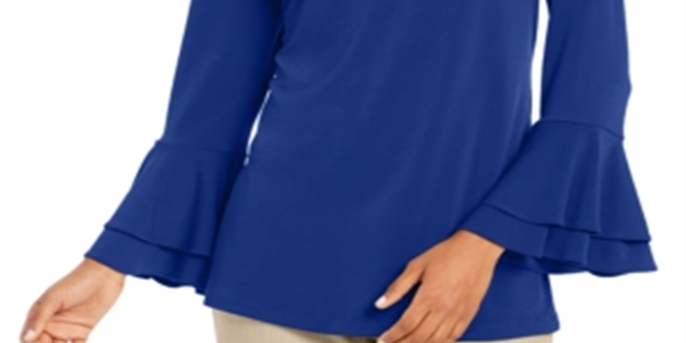 Charter Club Women's Solid Bell Sleeve Keyhole Blouse Evening Top Blue Size Medium