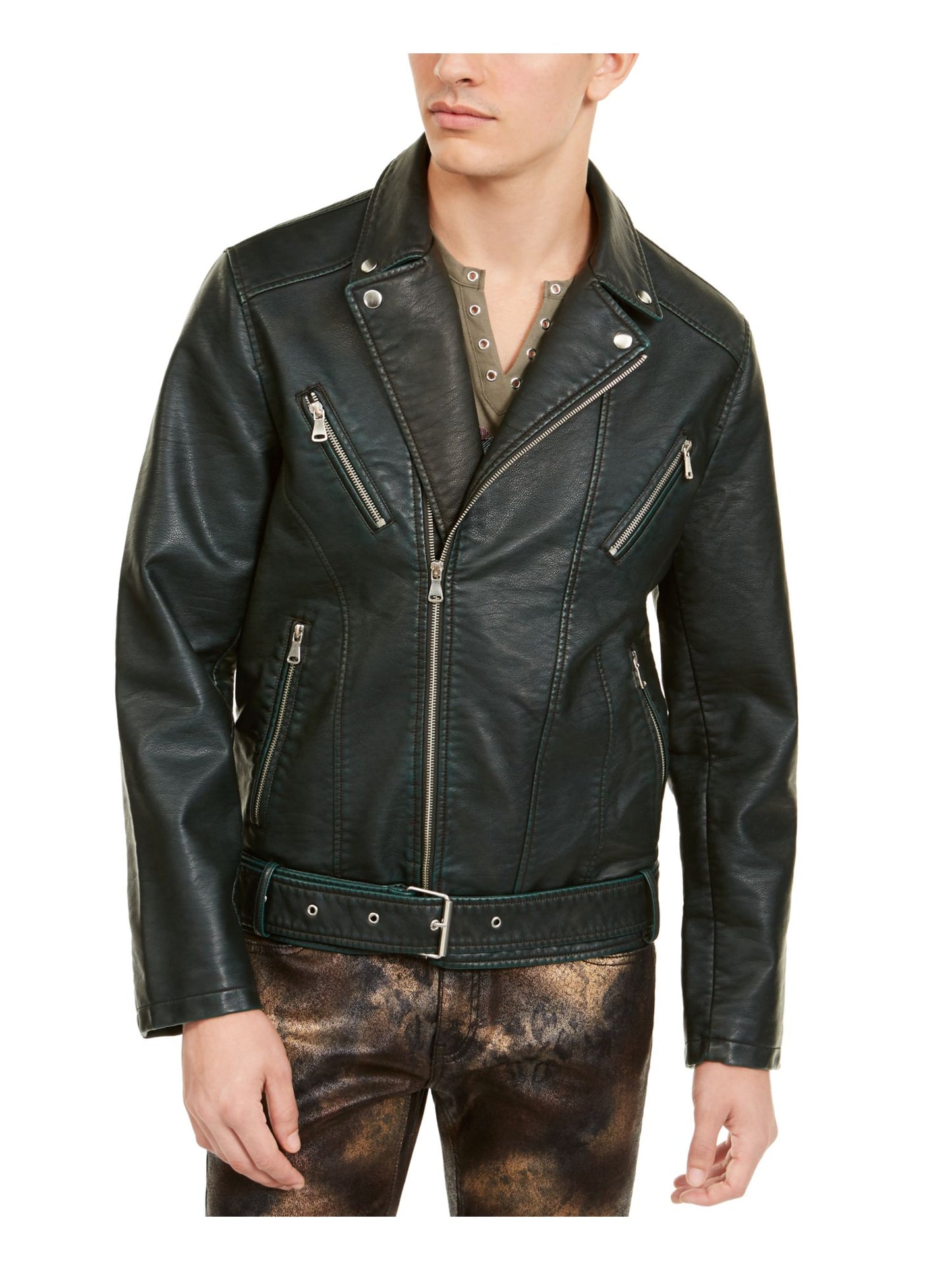 INC International Concepts Men's Motorcycle Washed Faux Leather Belted Jacket Green Size XX-Large