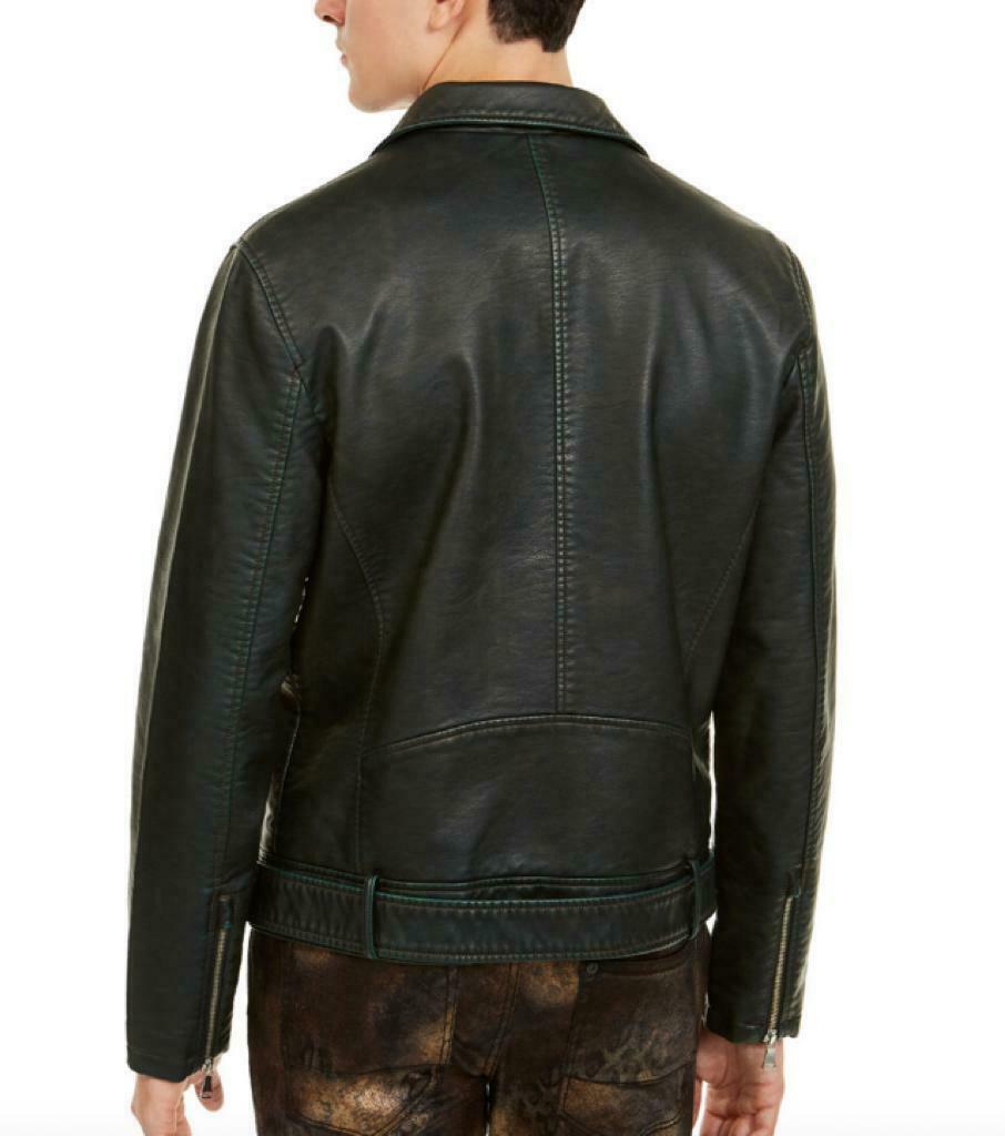 INC International Concepts Men's Motorcycle Washed Faux Leather Belted Jacket Green Size XX-Large