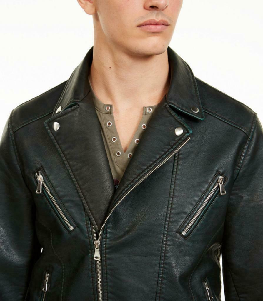 INC International Concepts Men's Motorcycle Washed Faux Leather Belted Jacket Green Size XX-Large
