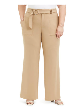 INC International Concepts Women's Utility Pocket Belted Casual Wide Leg Pants Beige Size 14W