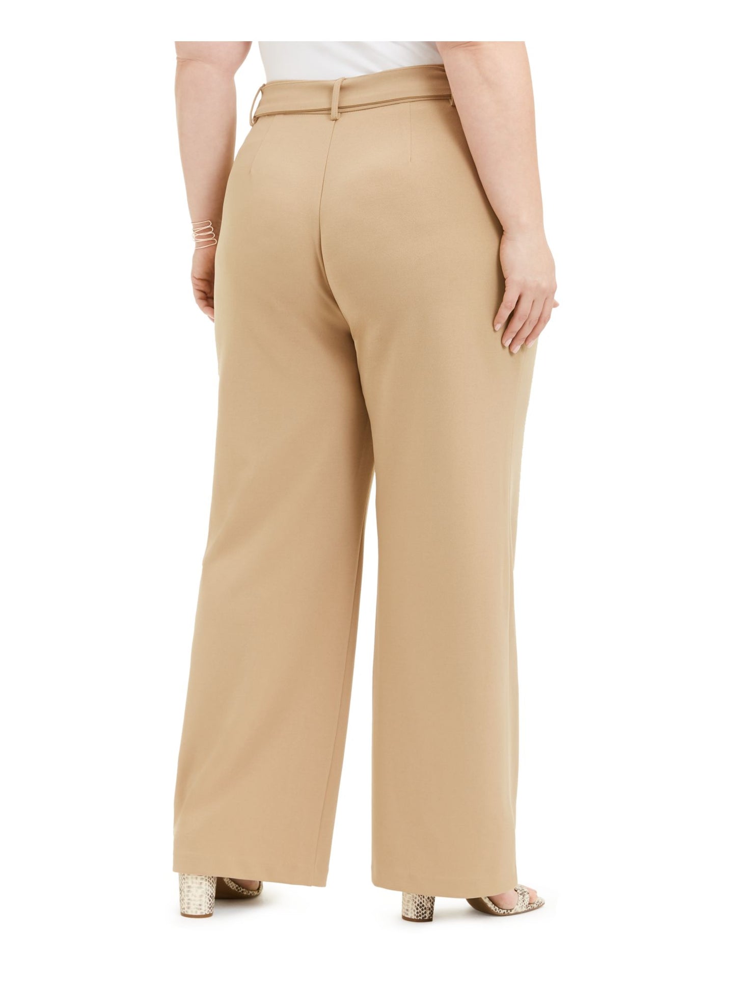 INC International Concepts Women's Utility Pocket Belted Casual Wide Leg Pants Beige Size 14W